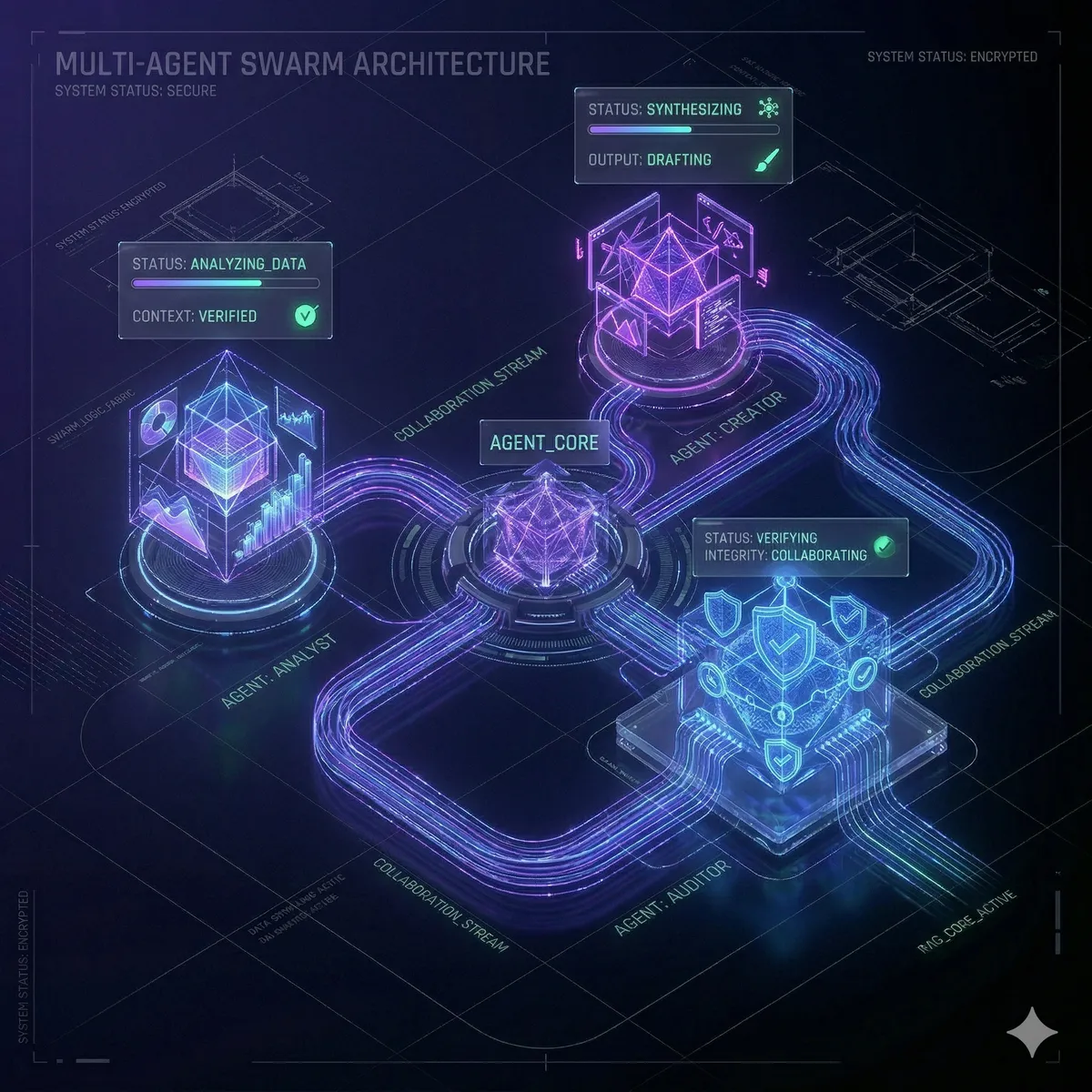 Agent orchestration dashboard showing multiple AI agents collaborating on a complex multi-step task